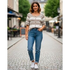 Handmade Womens‎ Striped Knit Button Front Short Sleeve Top Beige White Casual